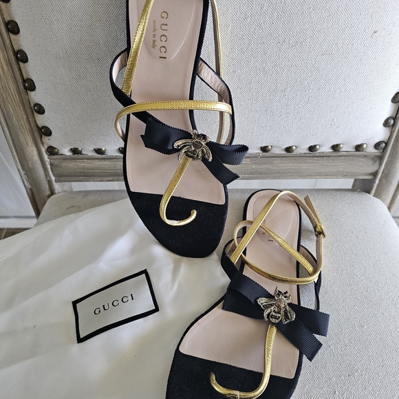 Gucci Shoes - Gucci Women's Black and Gold Sandals